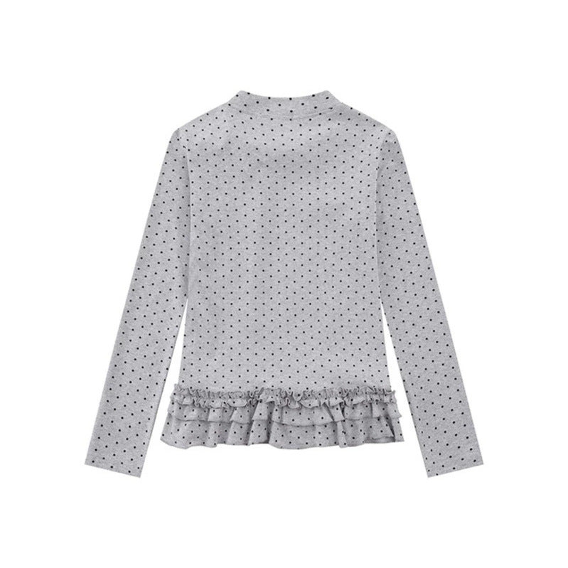 Women's long sleeve top with bow collar, polka dot print and double ruffle hem