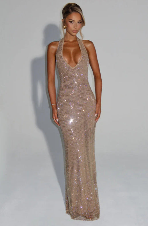 Women's Shimmering Evening Dress with Deep V-Neck and Figure-Hugging Cut