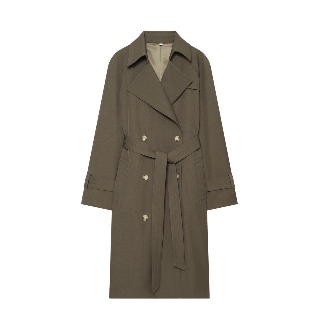 Women Mid-length Double-breasted Trench Coat with Wide Lapels and Waist Tie Belt Amarae