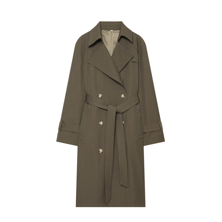Women Mid-length Double-breasted Trench Coat with Wide Lapels and Waist Tie Belt Amarae