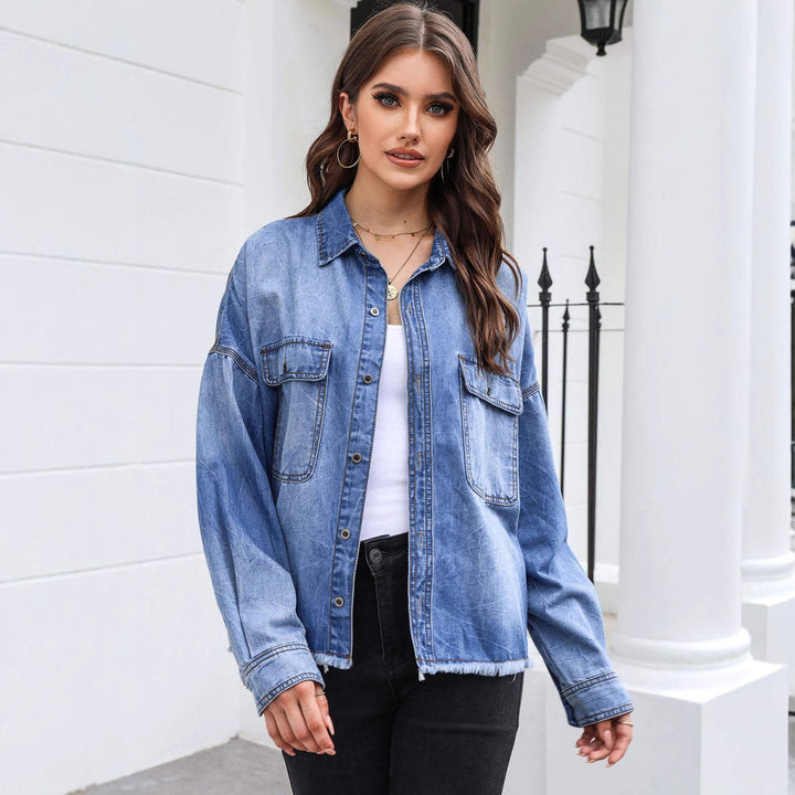 Women's Casual Denim Shirt Jacket with Fringed Cuffs and Practical Pockets Lune London