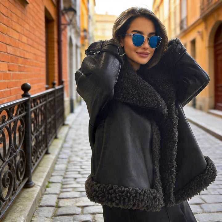 Ladies Oversize Bomber Jacket made of faux leather with voluminous teddy lining and adjustable collar Amarae