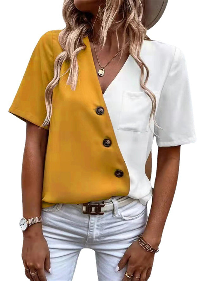 Short-sleeve women's blouse with asymmetrical cut and button details Lune London