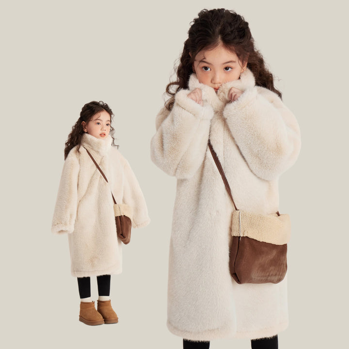 Ladies Cozy Faux Fur Coat with High Stand-Up Collar and Straight Cut Amarae