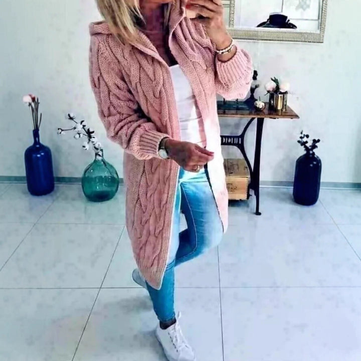 Ladies Chunky Knit Cardigan with Hood and Chic 3D Pattern