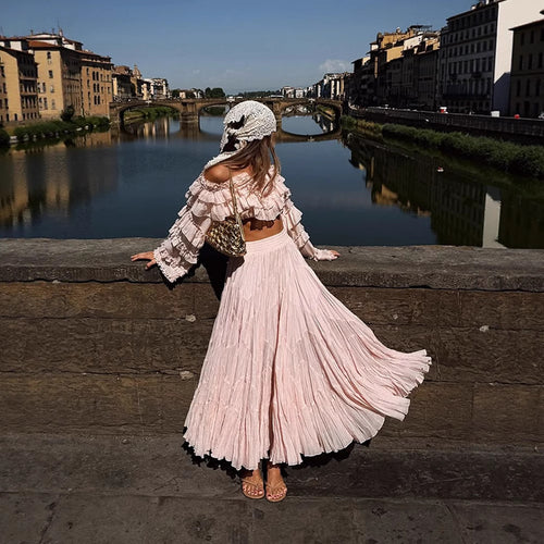 Women's Boho Two-Piece with Cropped Ruffle Top and Pleated Maxi Skirt Amarae