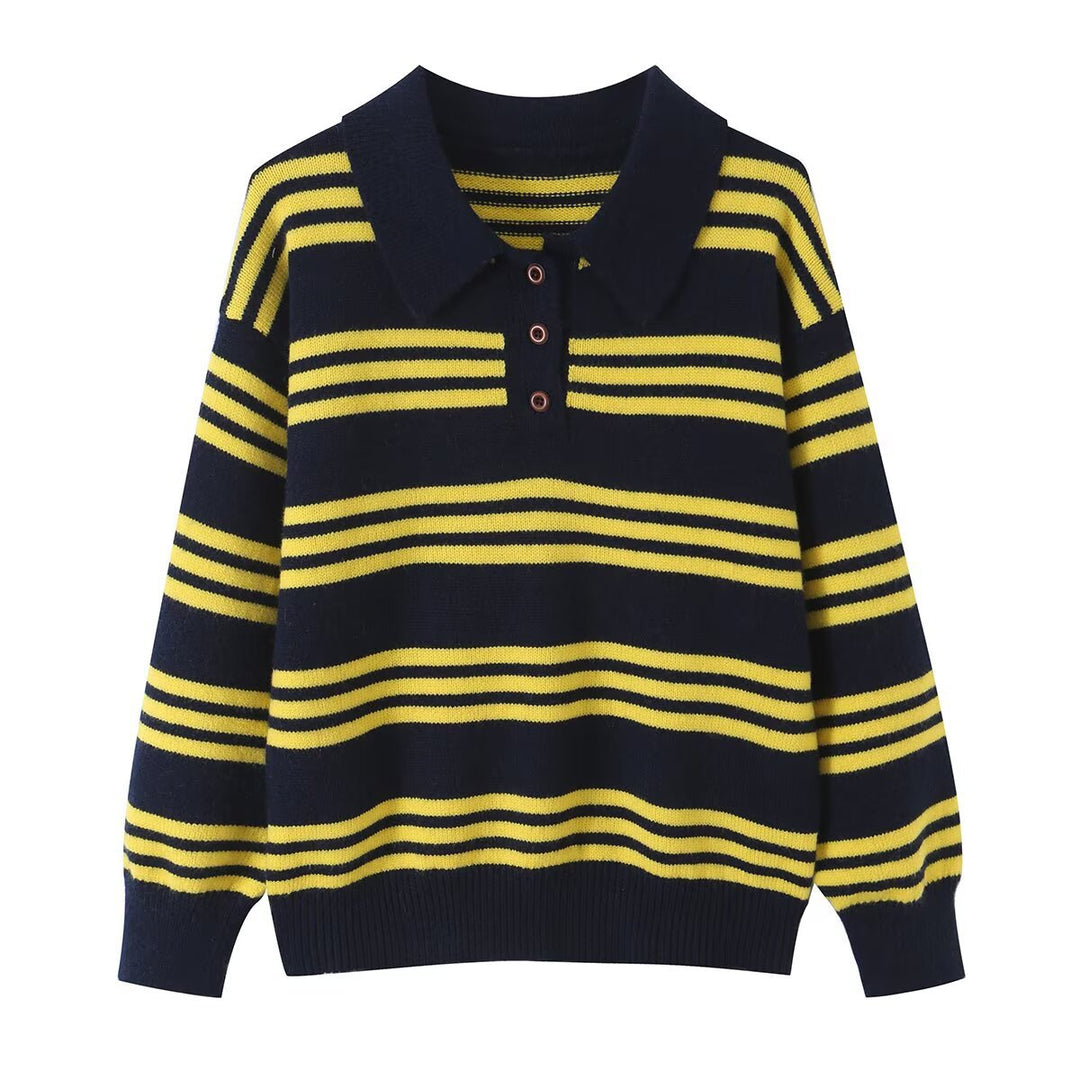 Women's Striped Knit Polo Sweater with Short Button Placket and Ribbed Cuffs Amarae