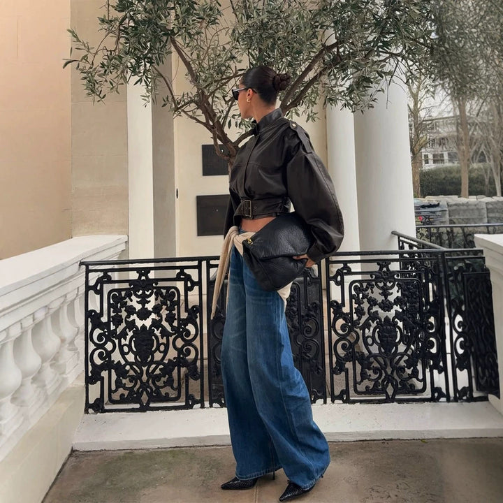 Women Short Cut Faux Leather Biker Jacket with Stand Collar, Waist Belt and Voluminous Sleeves Amarae