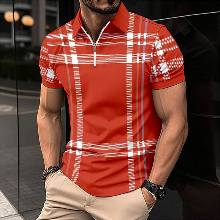 Men's Short Sleeve Polo with Modern Zip Closure and Chic Plaid Design