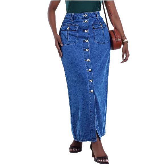 Women's long cut high-waist denim maxi skirt with a continuous button placket and patch pockets Amarae