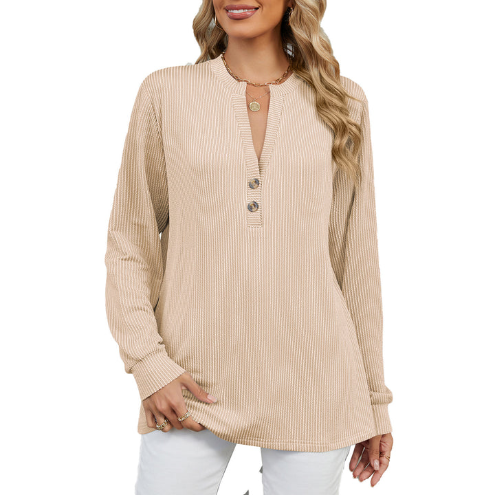 Long sleeve women's t-shirt with a trendy Henley neckline and structured ribbed texture Lune London