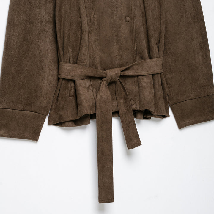 Women Short Velvet Look Jacket with High Funnel Neck, Snap Button Placket and Tie Belt Amarae