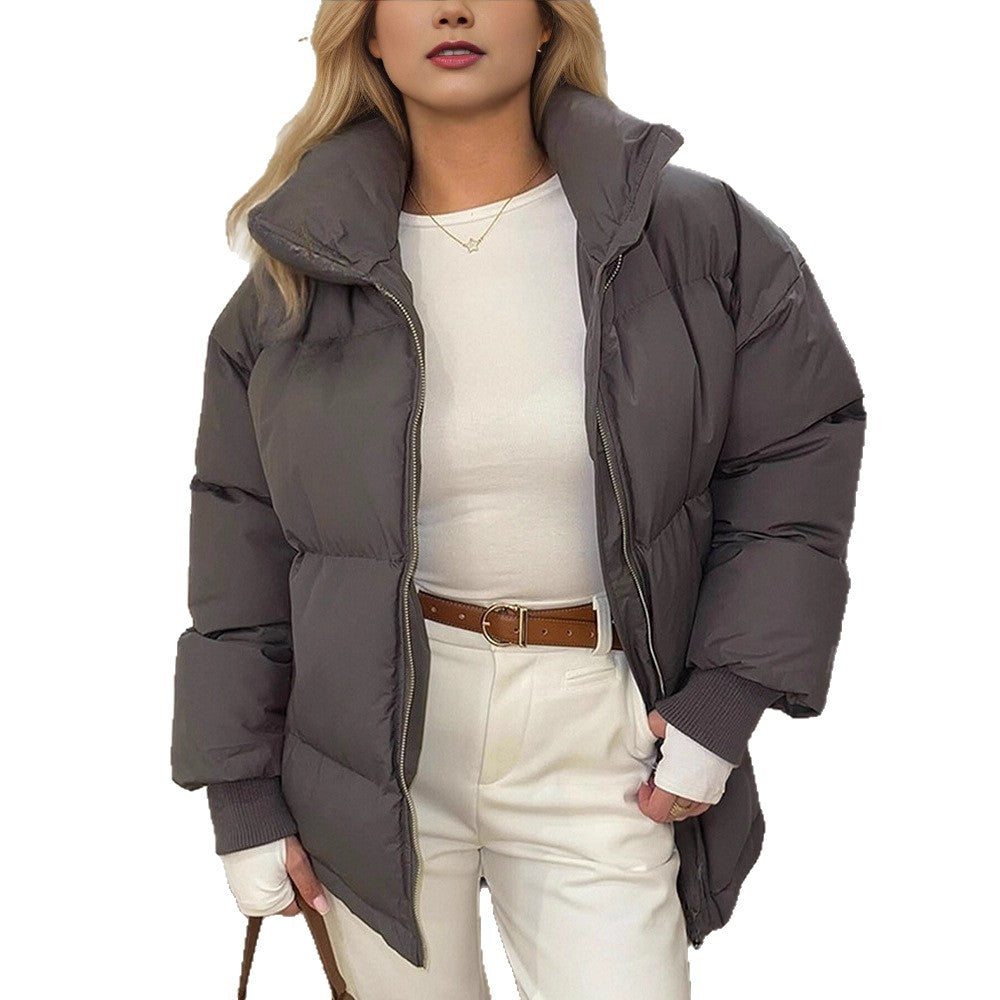 Women Short Tailored Puffer Jacket with Ribbed Cuffs and High Stand-Up Collar Amarae