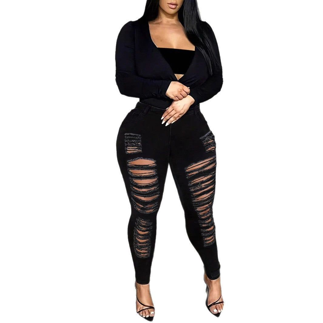 Women's High-Waisted Superstretch Jeans with Frayed Cutouts and Sculpting Waistband Amarae