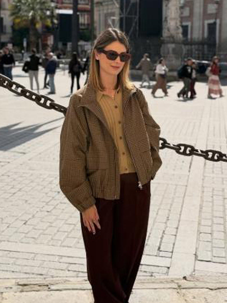 Women's Boxy Short Jacket in Glencheck with Elastic Hem and Zipper Amarae