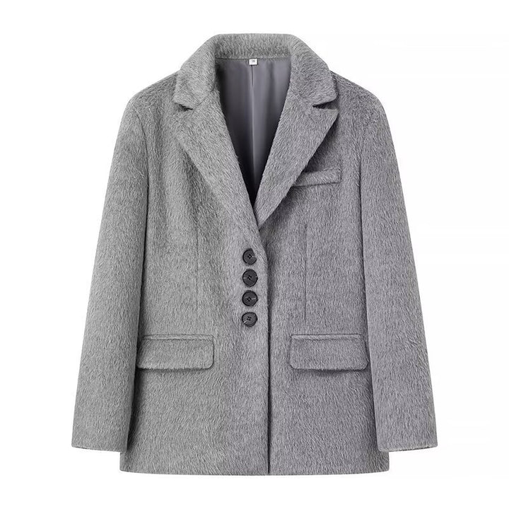 Elegant blazer for women with soft fur and decorative button details Lune London