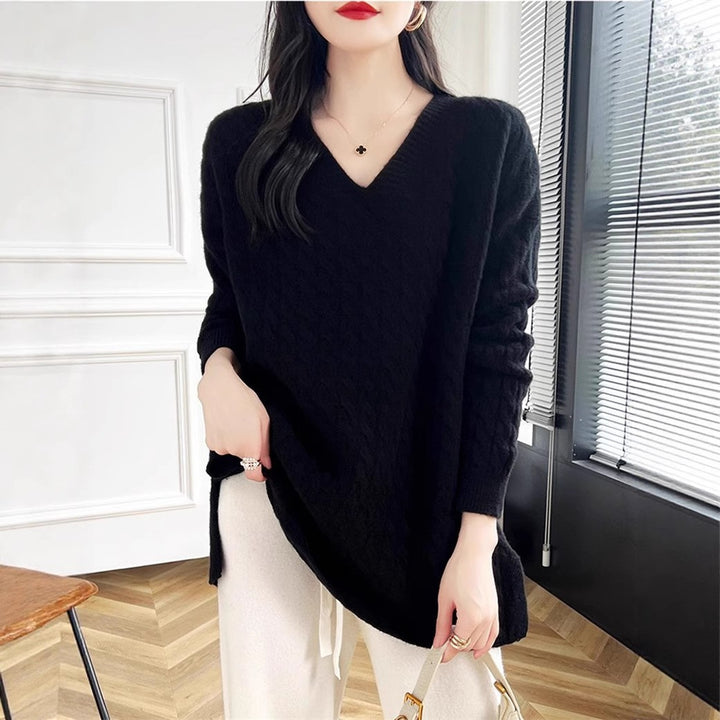 Pull épais en tricot pour femme avec deep V-neck et tissu texturé Chic & Stil