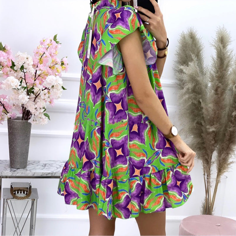 Chic and style women's fluid A-line mini dress with ruffled sleeves