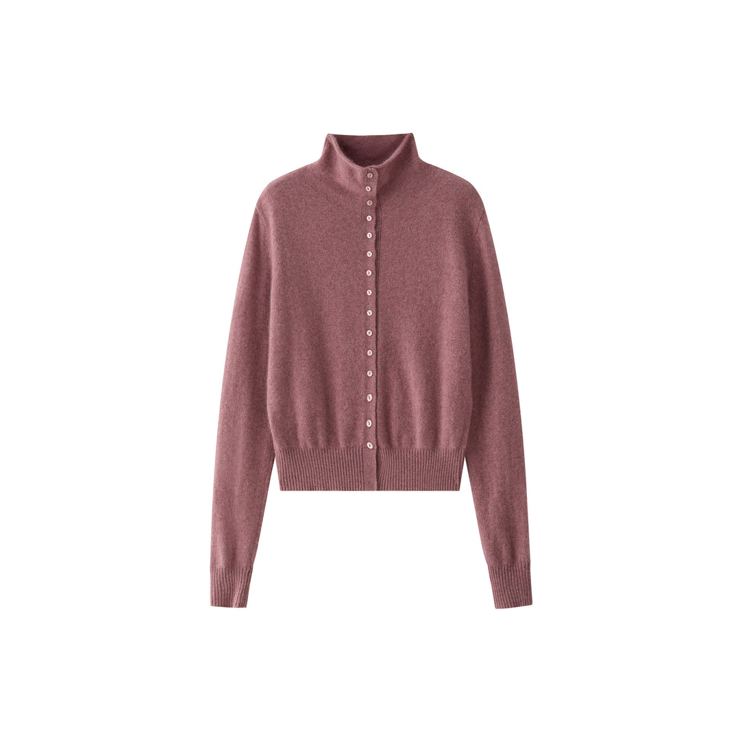 Women's Fluffy Button Cardigan with High Stand-Up Collar and Ribbed Hem Amarae
