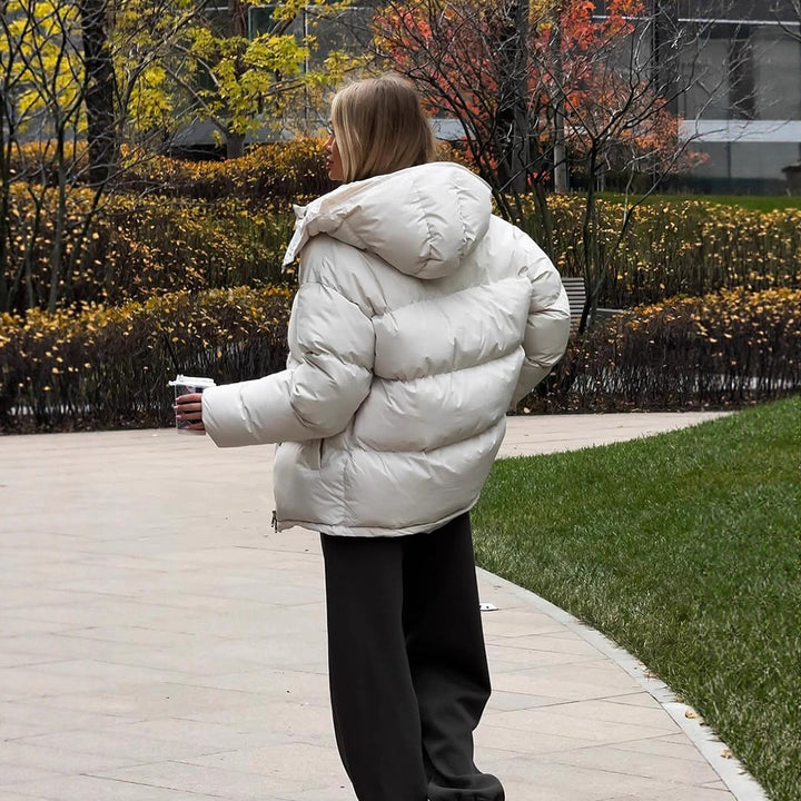 Ladies Short Windproof Quilted Puffer Jacket with Removable Hood and High Stand Collar Amarae
