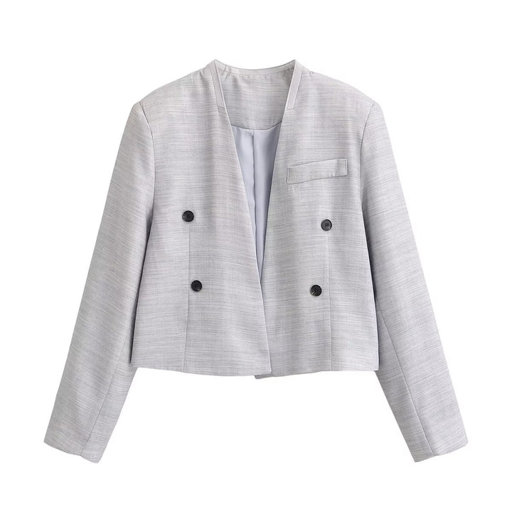 Women's cropped blazer without lapels with double-breasted button placket and boxy silhouette Amarae
