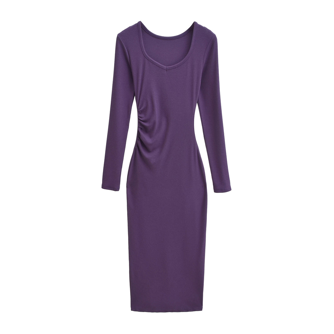 Women's Fitted Midi Dress with Side Ruching and Double Neckline Amarae
