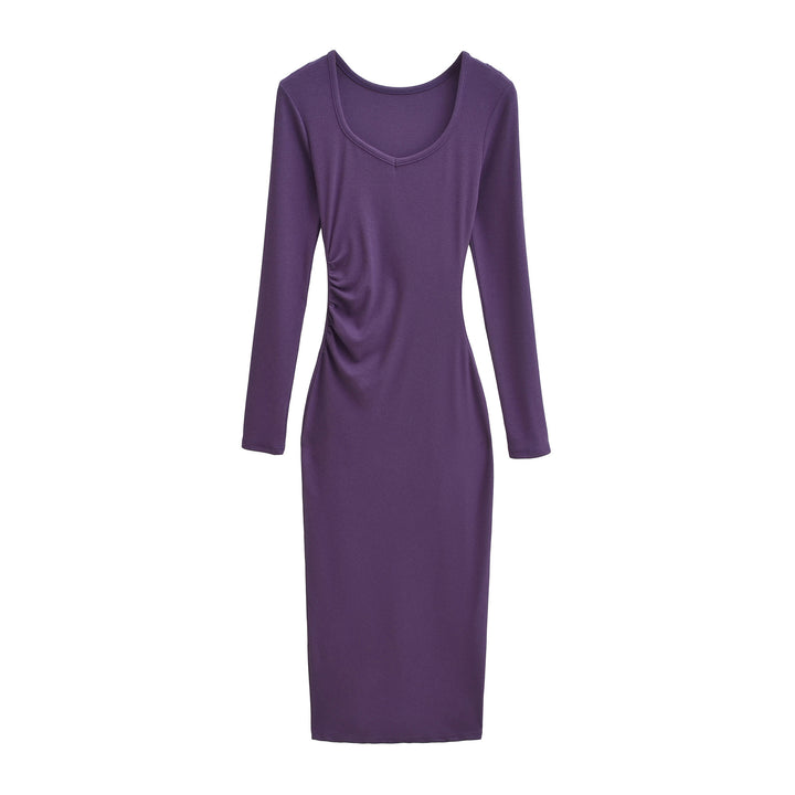 Women's Fitted Midi Dress with Side Ruching and Double Neckline Amarae