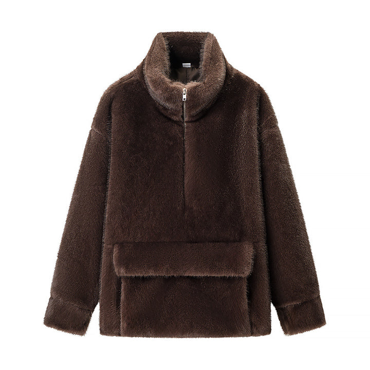 Ladies Oversize Faux Fur Pullover Jacket with Half Zipper and Kangaroo Pocket Amarae