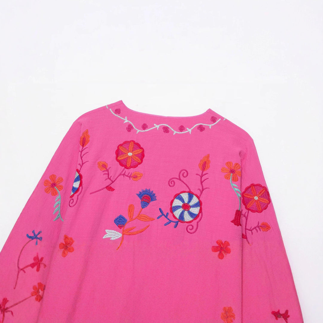 Women's Oversize Light Cotton Cardigan with Colorful Floral Embroidery Amarae