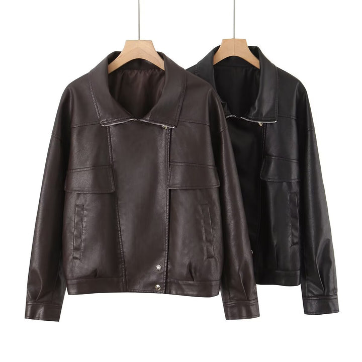 Fashionable synthetic leather jacket for women with practical flap pockets Lune London