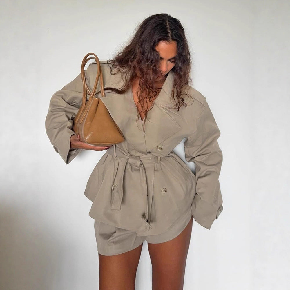 Women's short trench-style jacket with a tailored tie belt and wide sleeves Amarae