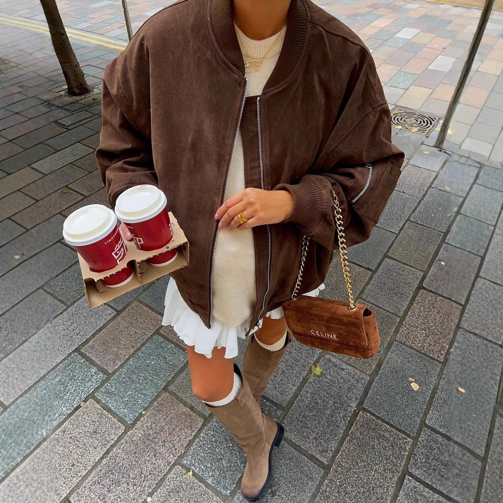 Women's Oversized Suede Bomber Jacket with Zipper & Ribbed Cuffs Amarae