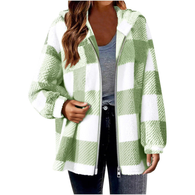 Fleece jacket for women with plaid pattern and hood Lune London