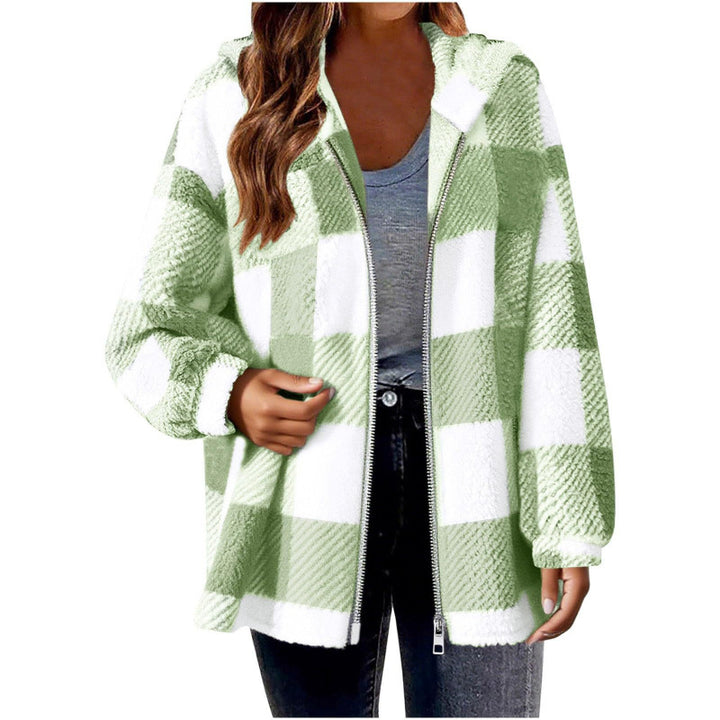 Fleece jacket for women with plaid pattern and hood Lune London