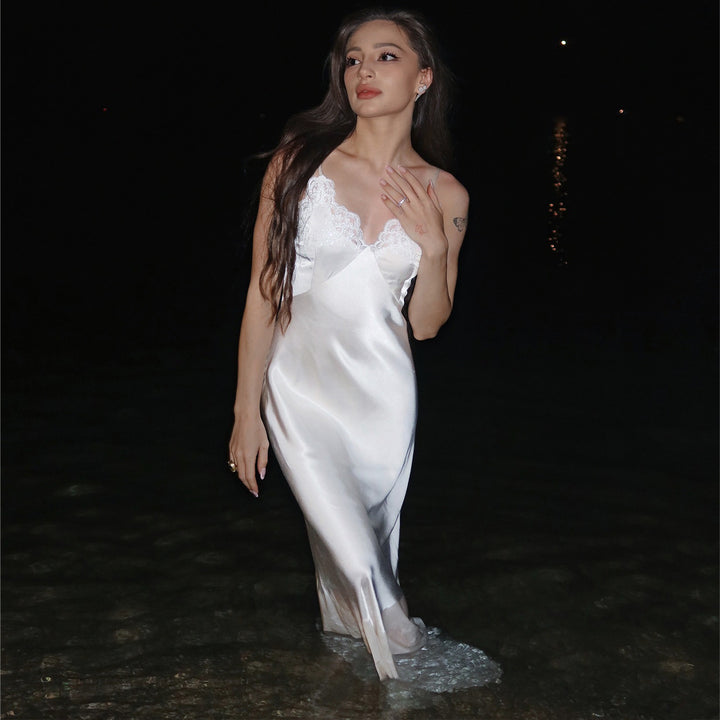 Ladies Satin Nightgown with Lace Accents Lune London
