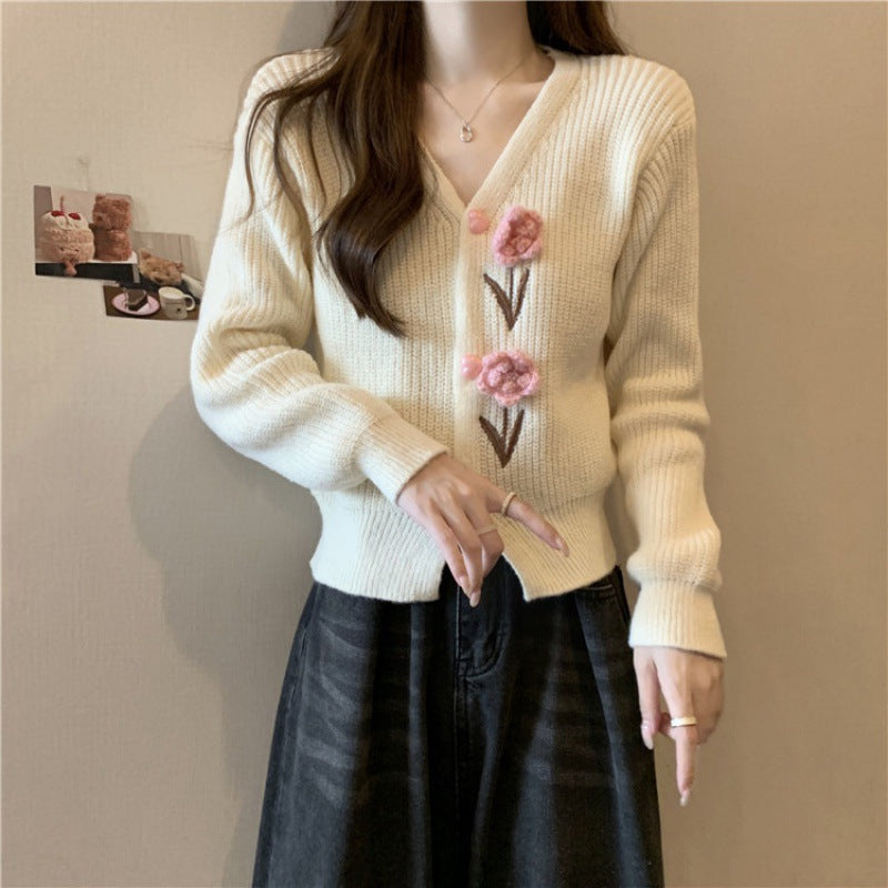 Knitted jacket for women with floral appliqués and V-neck Lune London