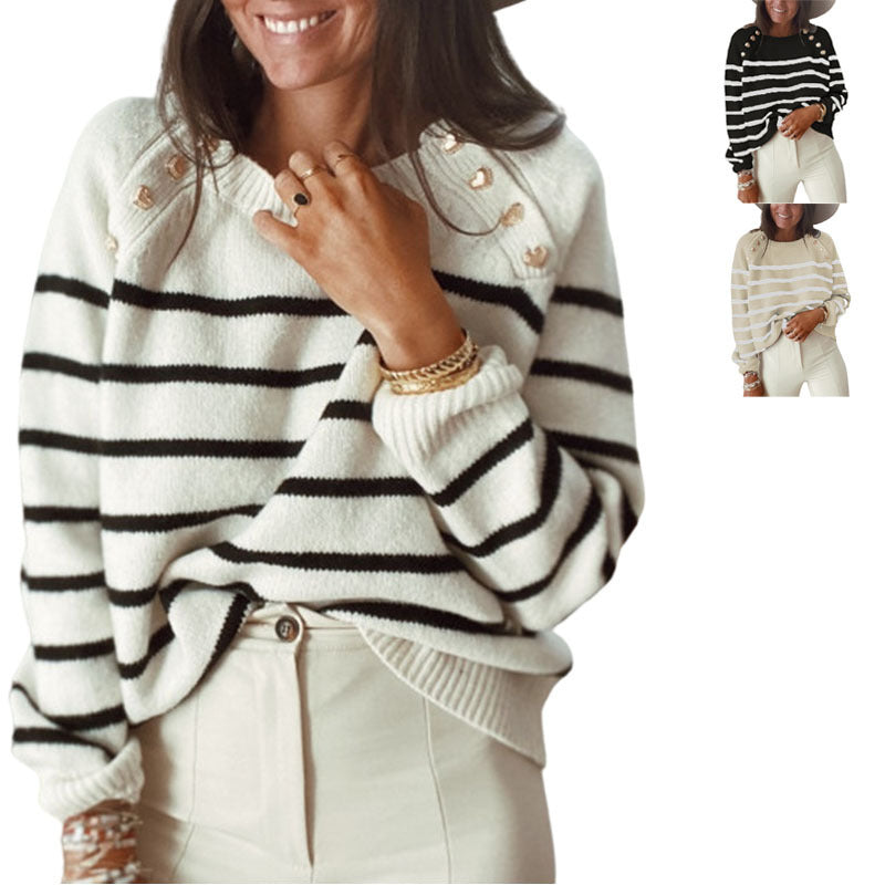 Casual knit sweater for women with modern stripes and decorative button details Lune London