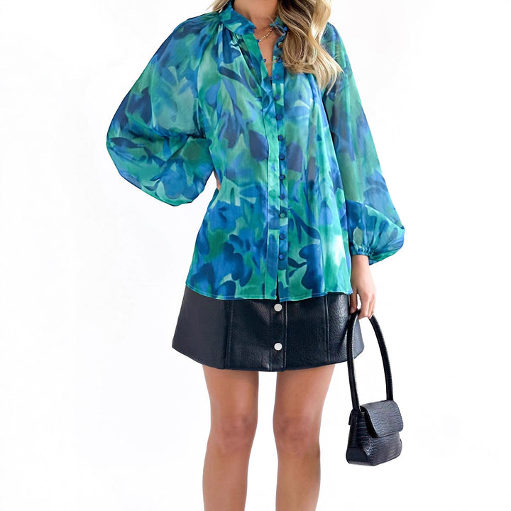 Ladies Transparent Blouse with Balloon Sleeves and Floral Print Lune London