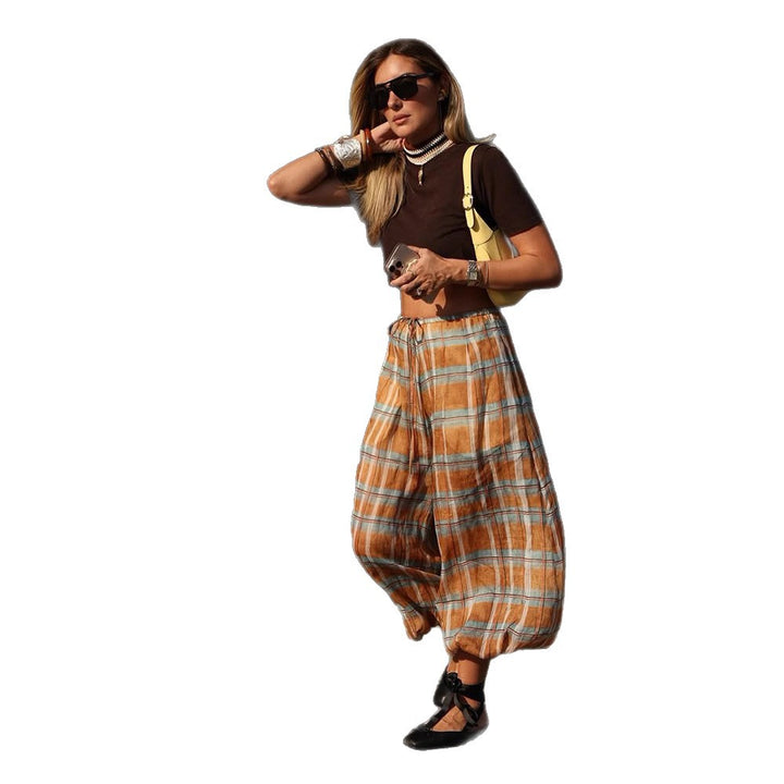 Women wide plaid harem pants with elastic waistband, drawstring & gathered ankle cuffs Amarae