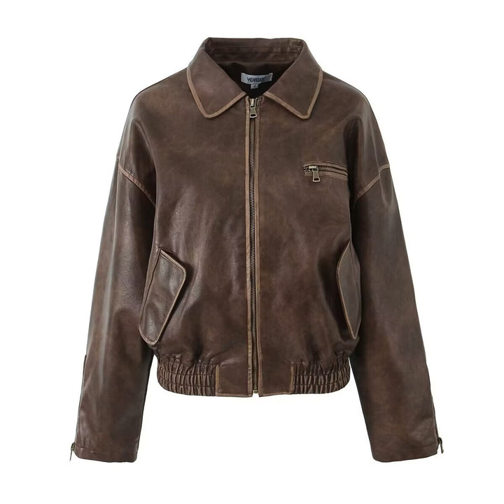 Leather jacket for ladies with a modern design featuring practical zippered pockets Lune London
