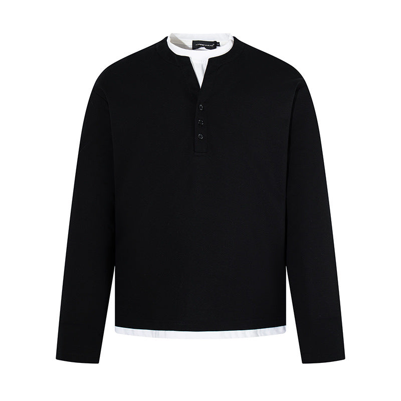 Men's Long-Sleeve Henley Layer Shirt with Contrasting Inner Collar and Modern Regular Fit Amarae