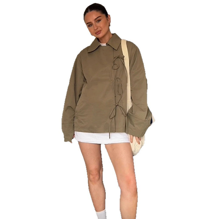 Women's Oversized Shirt Jacket with Decorative Knot Closures and Shirt Collar Amarae