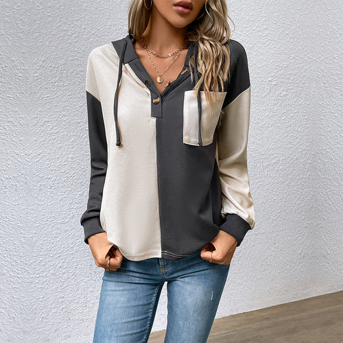 Casual women's top with hood and button placket Amarae