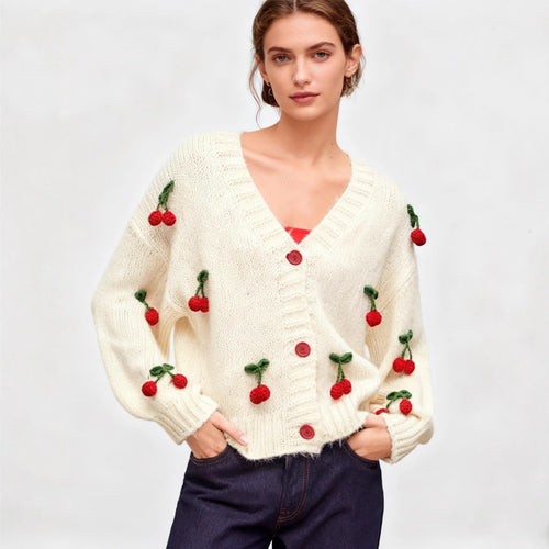 Knitted jacket for women with a cheerful cherry design and practical button details Amarae