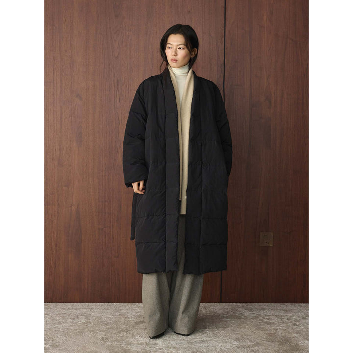 Women Longer quilted coat with kimono-like collar and oversized silhouette Amarae