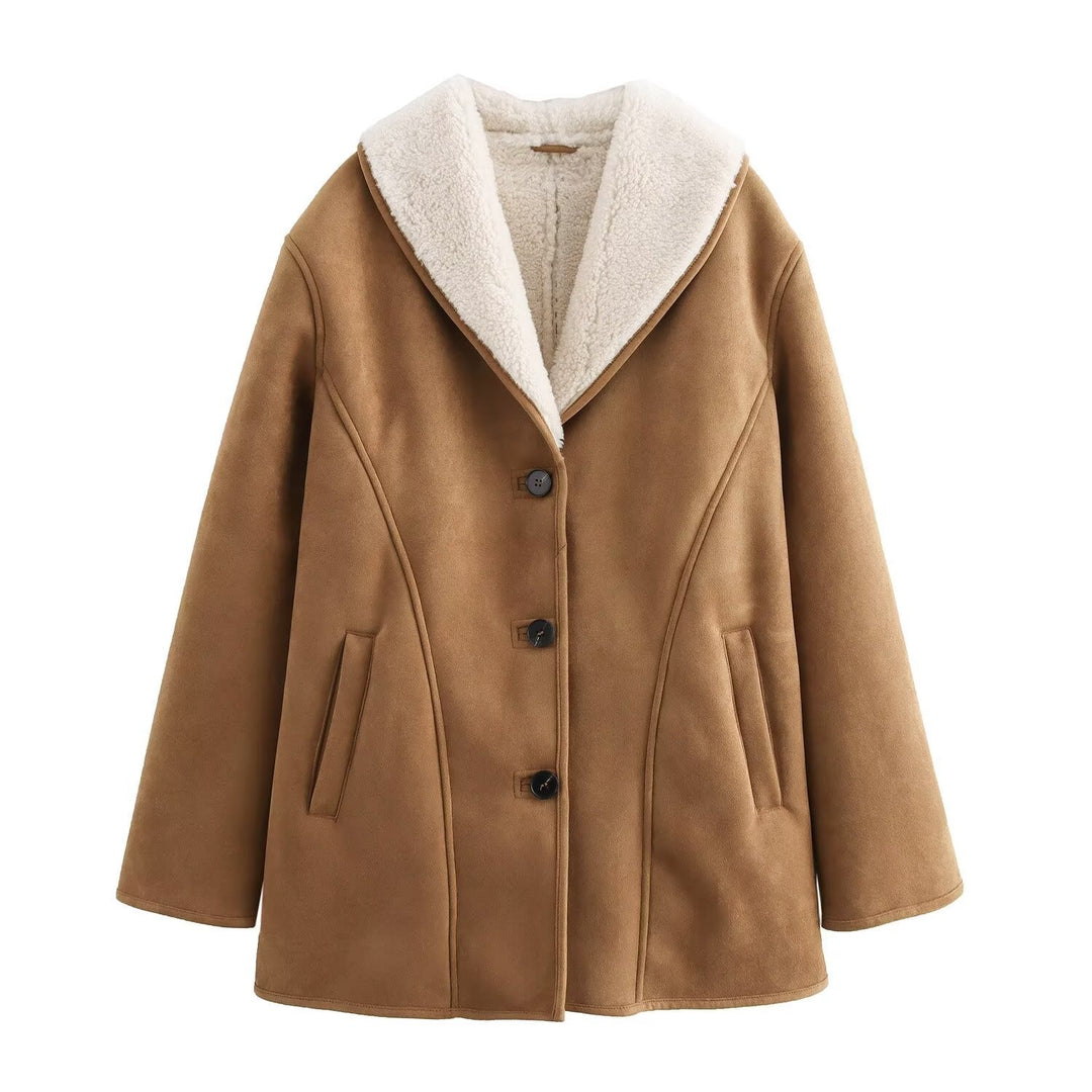 Women Cozy Short Coat with Teddy Lining, Shawl Collar and Tailored Seams Amarae