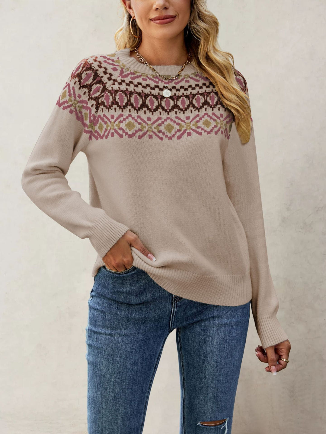 Women's Nordic Pattern Pullover with Round Neck and Casual Cut Chic Und Stil
