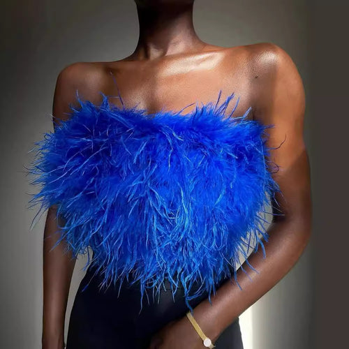 Women's Glamorous Plush Top with Removable Straps and Fringed Details Amarae