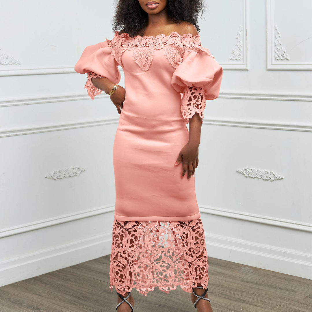 Maxi off-shoulder dress for women with lace accents and a flattering silhouette for Lune London