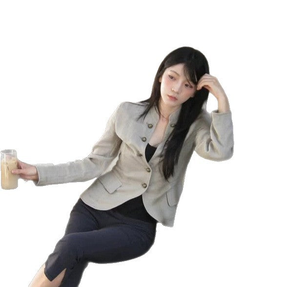 Women Tailored Linen Blazer with Stand-up Collar and Decorative Button Placket Amarae